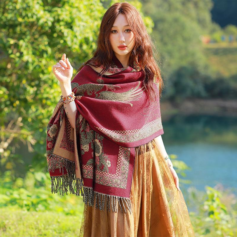 Ethnic Style Scarf for Women Traveling and Taking Photos Versatile Fashionable Cloak  Warm and Thickened Imitation Cashmere Scarf