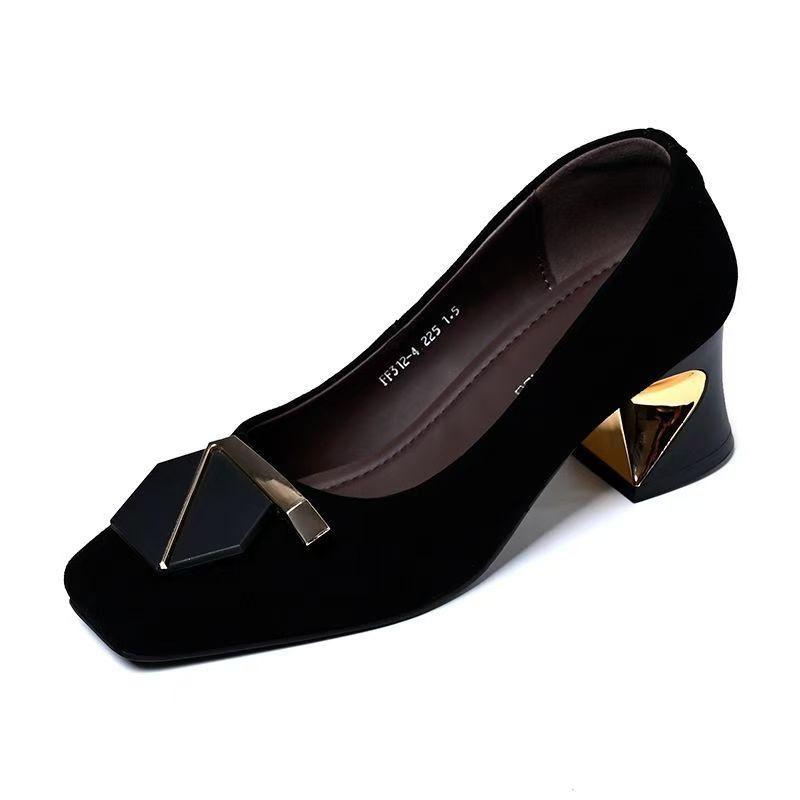 Coarse Heel Suede Light Mouth Single Shoes Autumn New Square Head Seven-character Buckle Low Top Lightweight