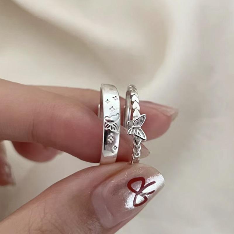 Fashion Couple Rings Set Silver Color Simple Opening Adjustable Finger Ring Jewelry for Women Men Anniversary Gift