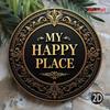 Vintage Gold Metal Wall Art Round Retro Sign My Happy Place Home Decor Bathroom Porch Living Room Kitchen Bedroom Wall Decoration