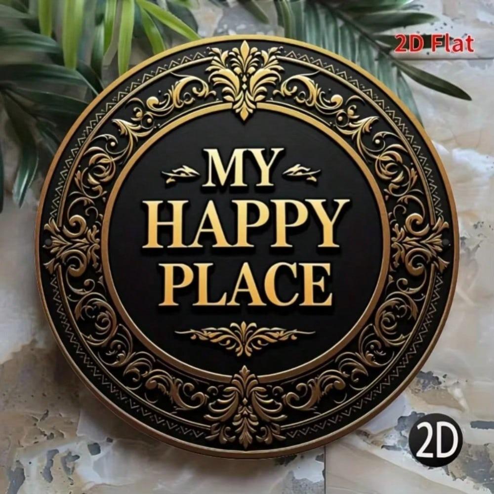 Vintage Gold Metal Wall Art Round Retro Sign My Happy Place Home Decor Bathroom Porch Living Room Kitchen Bedroom Wall Decoration