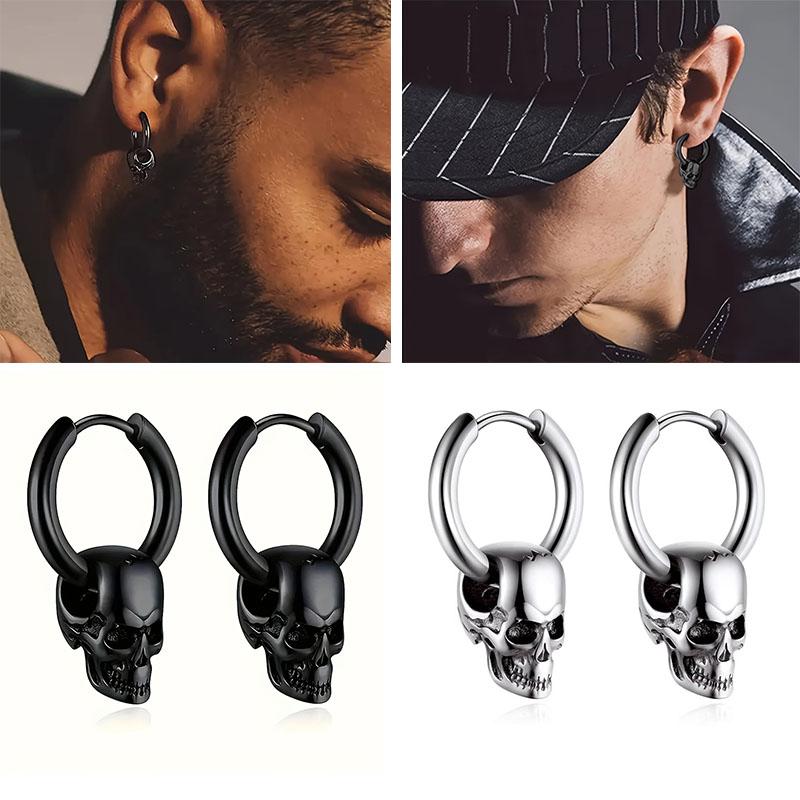 1 Pair Of Black Skull Head And Hoops Luxury Earrings of Men's Earring For Jewellery 2024,men's Stainless Steel Earring