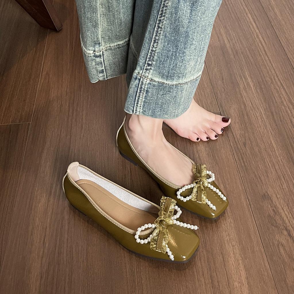 Square Head Single Shoes Women's Summer Light Mouth Bow Pearl Flats