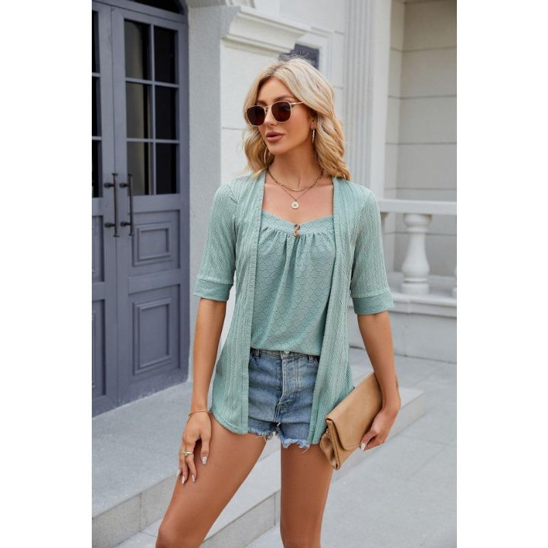 Camiseta Feminina de Verão Cor Sólida Decote Quadrado Costura Botão Manga Média