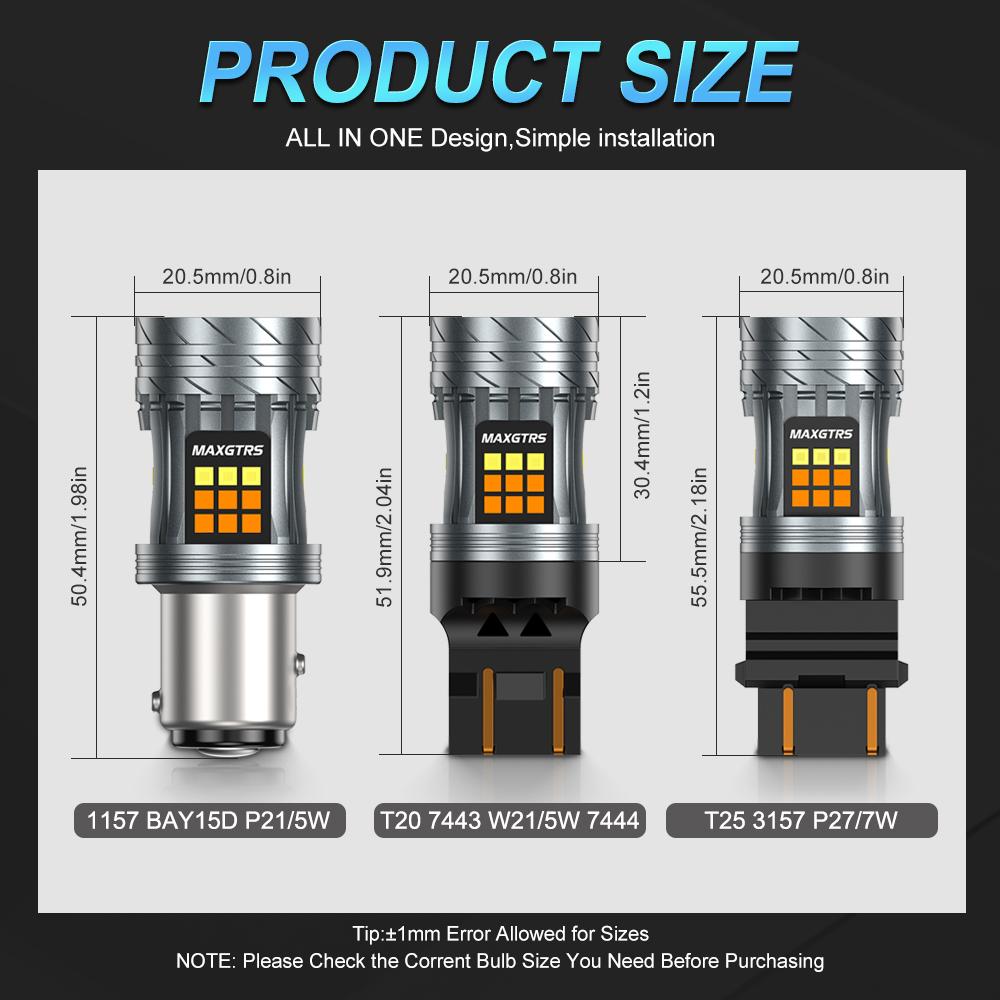 MAXGTRS 2x T20 7443 W21/5W Canbus 3157 LED Double Switchback Amber Dual Color Turn Signal Light T25 P27/7W Bulb 12V
