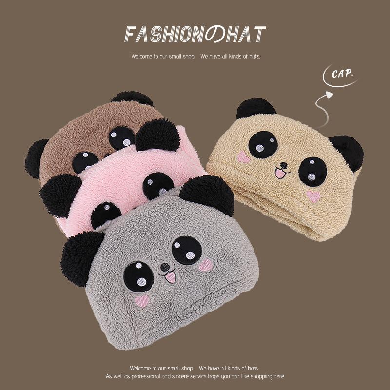 Children's Panda Embroidered Scarf Hat Integrated Plush Hat Baby Ear Protection Hat Boys and Girls Outdoor Warm Parent-child Hat