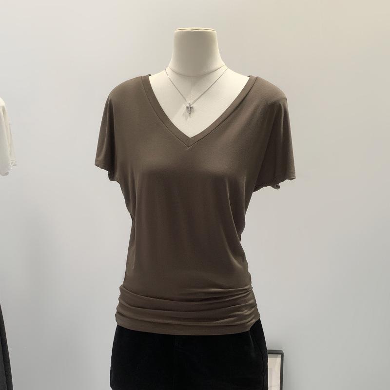 Retro V-Neck Short Sleeve T-Shirt - Women's Spring/Summer Basic Slim Mid-Length Top