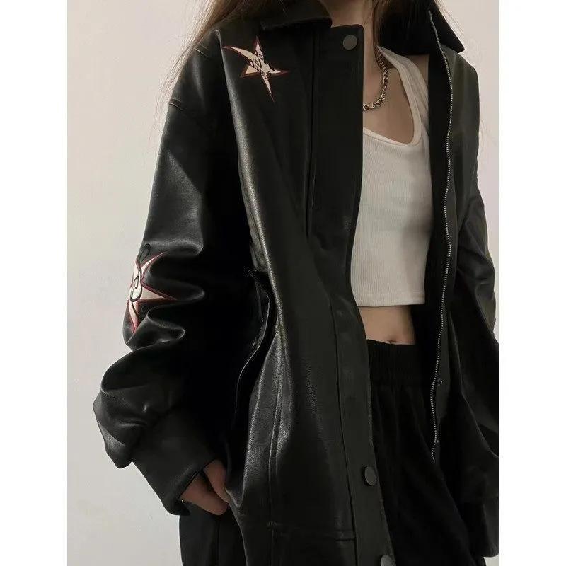 Women's Fall Retro PU Leather Jacket Design Cool Zipper Motorcycle Tops