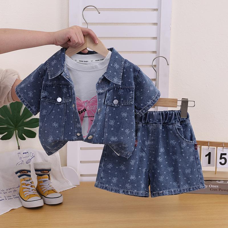Girls Summer Denim 3 Piece Set Short Sleeve Bow Tie Casual Outfit 80