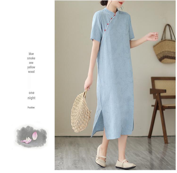 Elegant Cotton Linen Qipao Dress - Women's Stand Collar Short Sleeve, Summer 2024 Collection