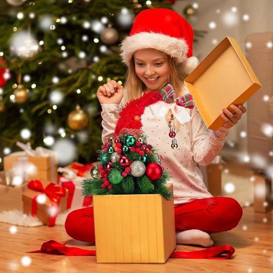 16 Inches Christmas Tree Gnome Figurine Handmade Small Dwarf Artificial Tree Table Decor with Ball Ornaments for Tabletop Indoor Home Decor