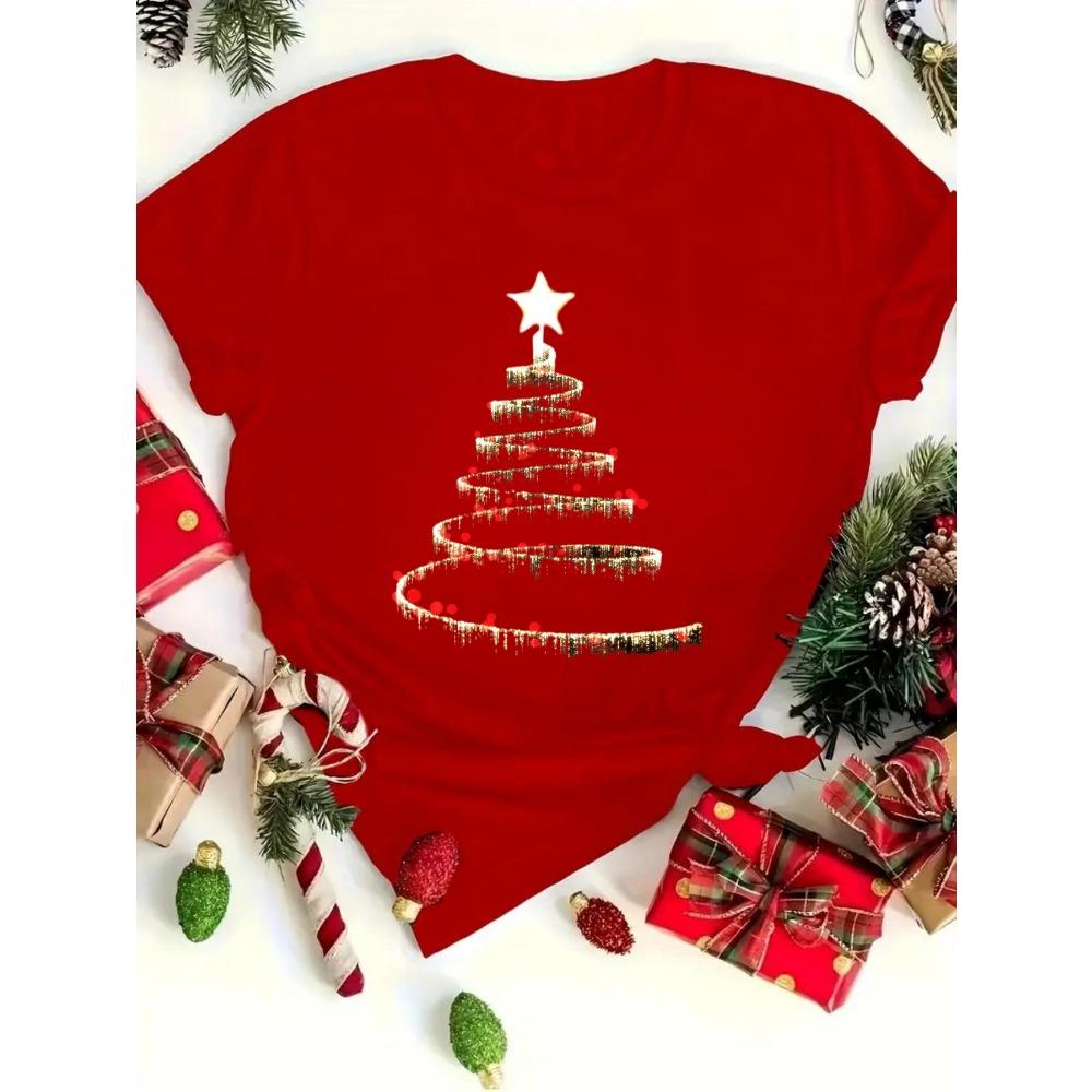 Women's Red Christmas Tree Print Short Sleeve T-Shirt Casual Crew Neck Top with White Spiral Tree Golden