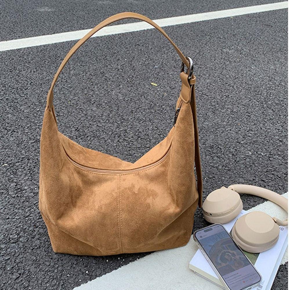 Zipper Suede Matte Hobo Bag Handbag Large Capacity Vintage PU Crossbody Bag Solid Color Korean Style Female Tote Bag Girls