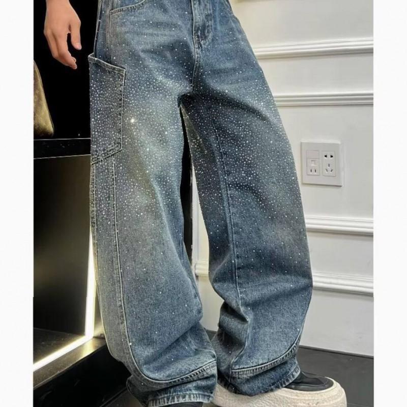 Vintage Washed Blue Wide Leg Denim Jeans Men Women Loose Fit Streetwear Casual Pants Mid-Rise Straight Cut