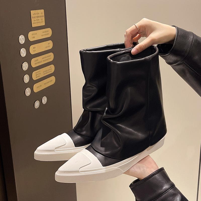 Fashion Women's Fashion Flat Cotton Boots Winter New Pointed Splicing Leather Sleeve Thick Soft Sole Non-slip Short Shoes