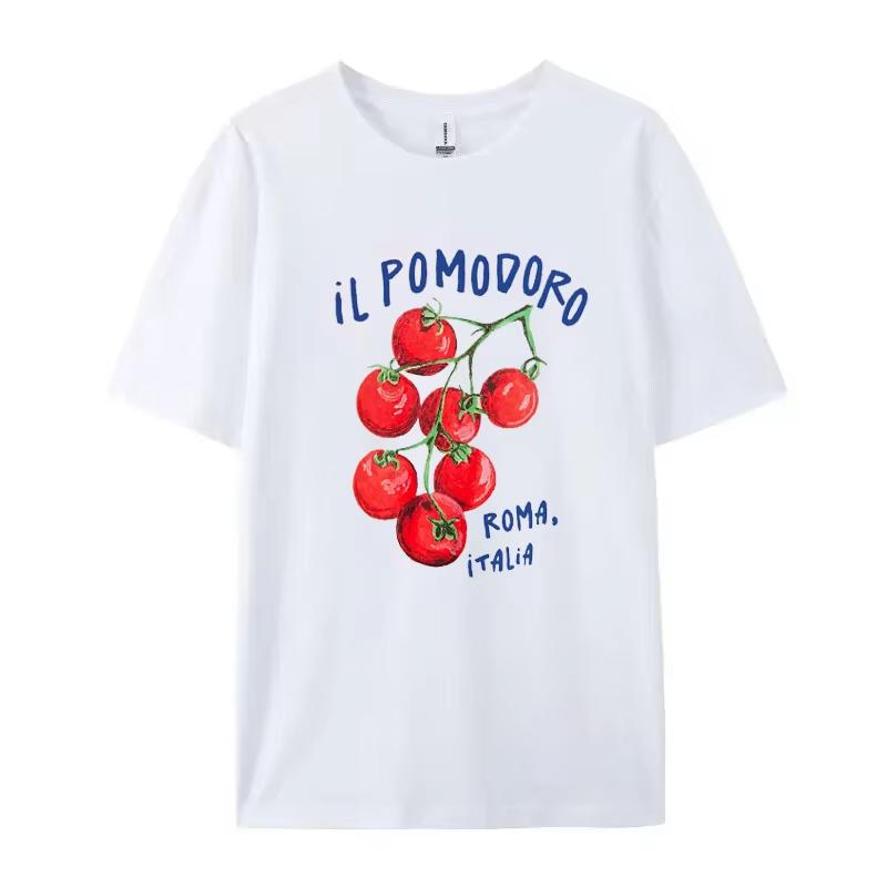 Hot Sale Tomato Print Round Neck Short Sleeve T-Shirt Unisex Casual Harajuku Hip Hop T-shirt Print Crew Neck Casual T Shirt