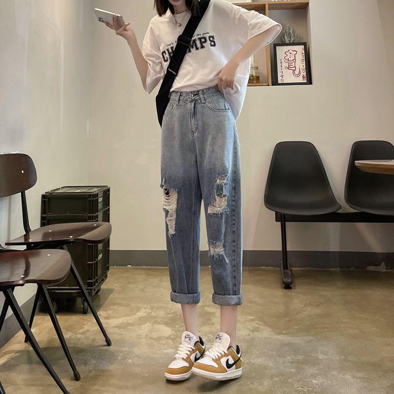 New Gradient Perforated Jeans High Waist Loose Harlan Pants