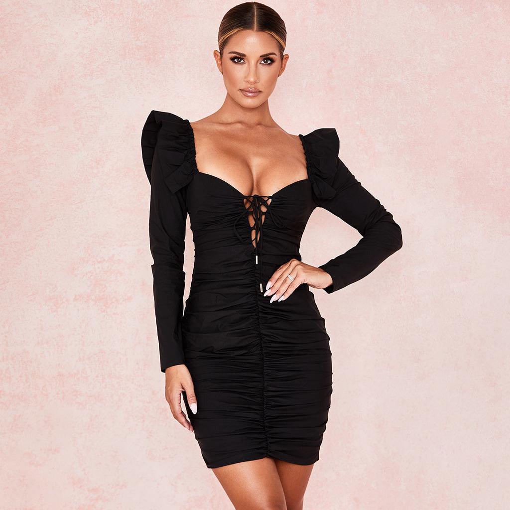 Generic Womens Casual Ruffle Round Neck Pure Color Slim Fit Bodycon Party Mini Dress Generic Womens Casual Ruffle Round Neck Pure Color Slim Fit Bodycon Party Mini Dress