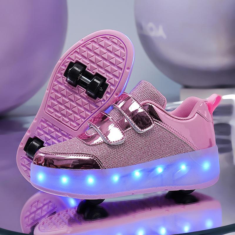 New Double-wheel Runaway Shoes, Boys and Girls Pulley Shoes Can Be Collected Variant Shoes, Skates with Lights, Luminous Shoes Manufacturers