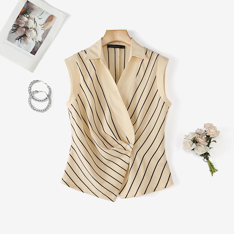 ZANZEA Blusa da Donna Elegante a Maniche Corte con Collo a Revers e Stampa a Righe Casual