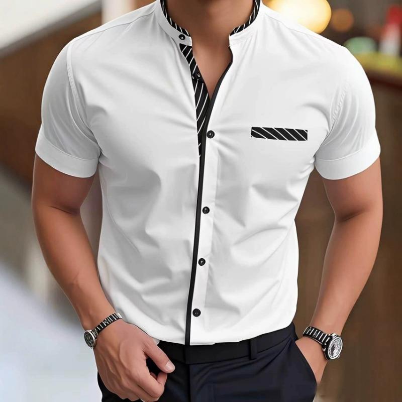 Camicia da uomo a maniche corte con colletto alla coreana, estiva, elasticizzata, a contrasto di colore, resistente alle pieghe, business casual, vestibilità slim