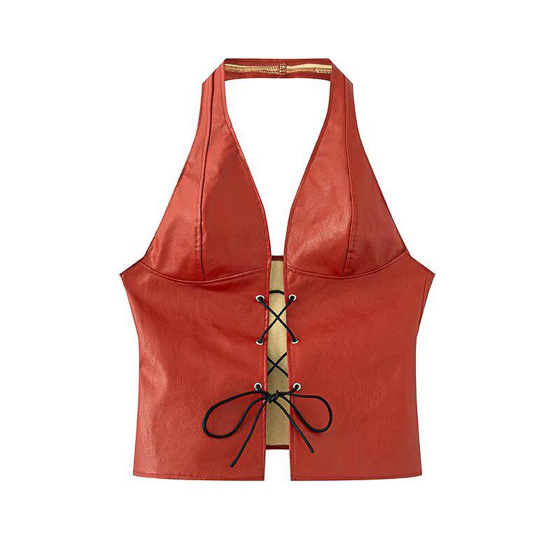 2025 Spring Women's Euro-American Style Halter Tie-Up Cutout PU Crop Vest