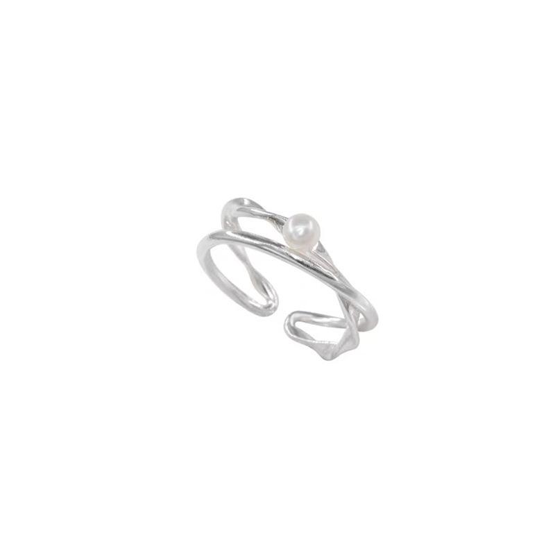Korean Silver Pearl Bandage Ring - Luxury Niche Open Index Finger Ring for Trendy Style.