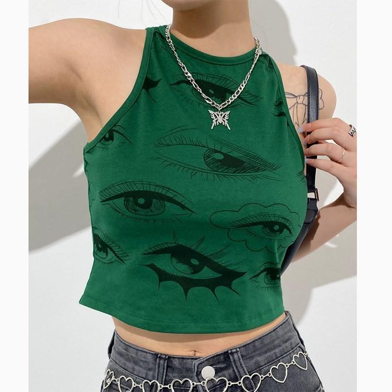 E-girl Casual Y2K Eyes Potištěné Crop Tops Dámské oblečení Móda Tenká vesta bez rukávů Cool Girls Vintage Tanka Tričko Streetwear