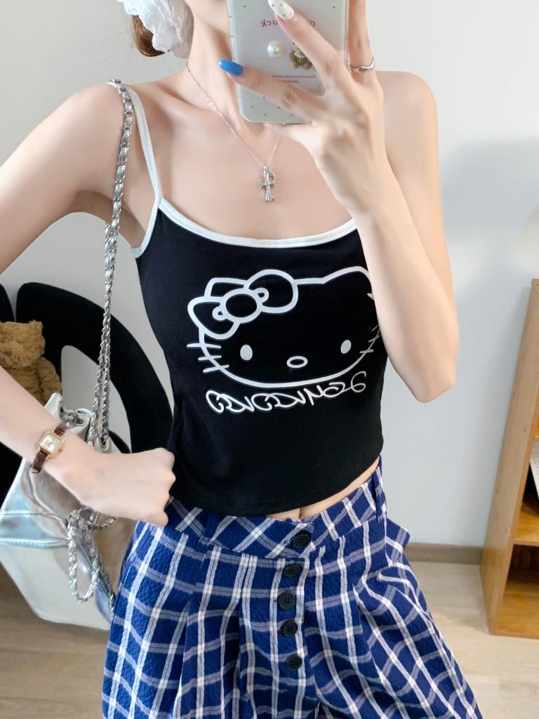 #Summer New Sweet Wind Cartoon Print Splicing Contrasting Color Sling Vest Slim Fixed with Chest Pad