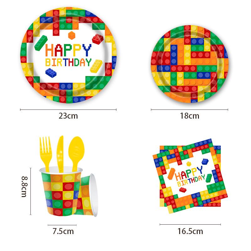 Colorful Lego-Themed Party Plates, Cups, and Napkins Set for Kids