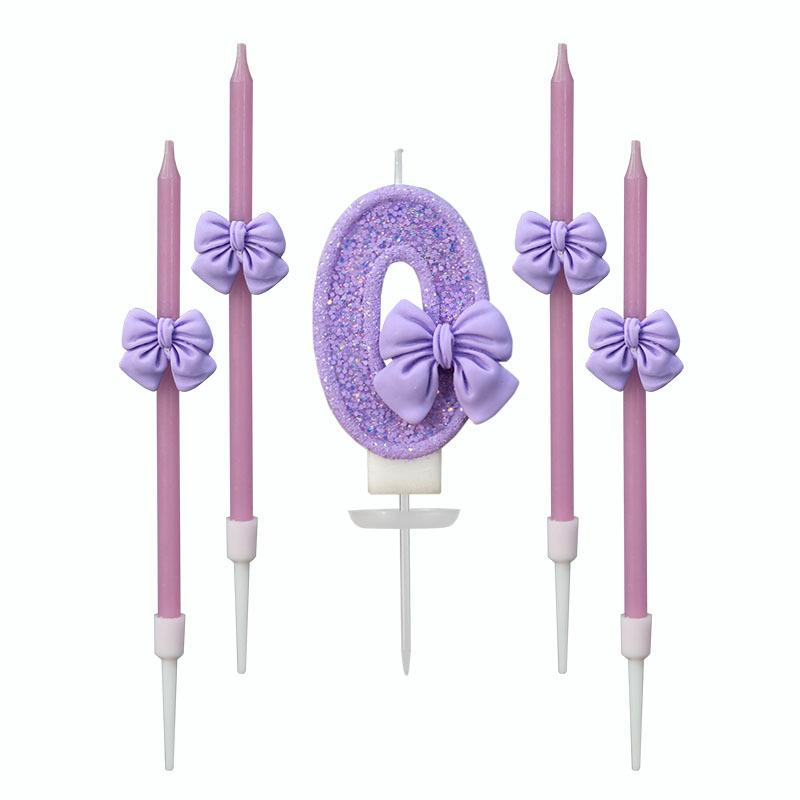 Number Birthday Candle Set Bow Decor Handmade Cake Candle for Birthday Anniversary Set 0 светло-фиолетовый