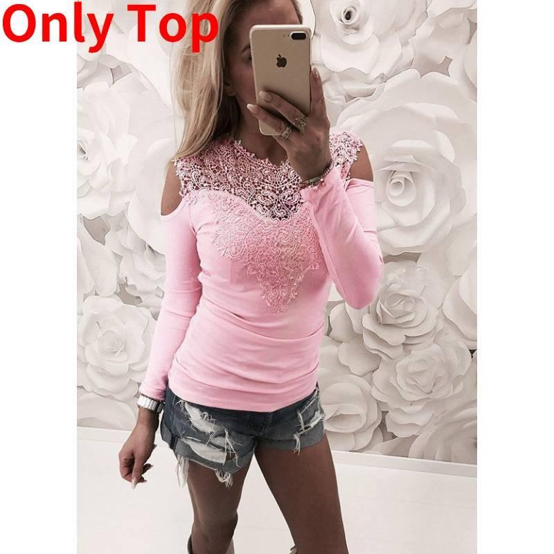 Elegant Spring Collection Sexy Lace Shoulder Cutout Cotton T-shirt Top In Gray Pink White And Black