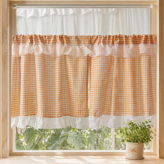 Karierter Kurzhang, Stangendurchzug oben, Ölrauch- und Staubschutzvorhang, rustikaler Vorhang für Küchen-Halbfenster und Schrankglasüren