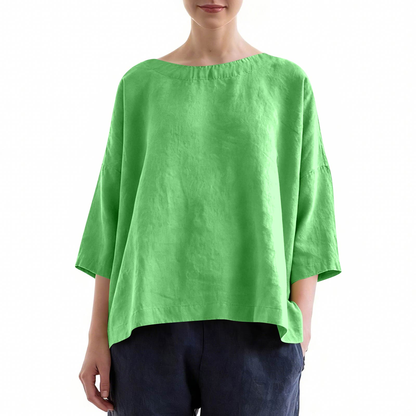 Women s Vintage Inspired Relaxed Fit Cotton Linen Blend Top With Three Quarter Sleeves XL