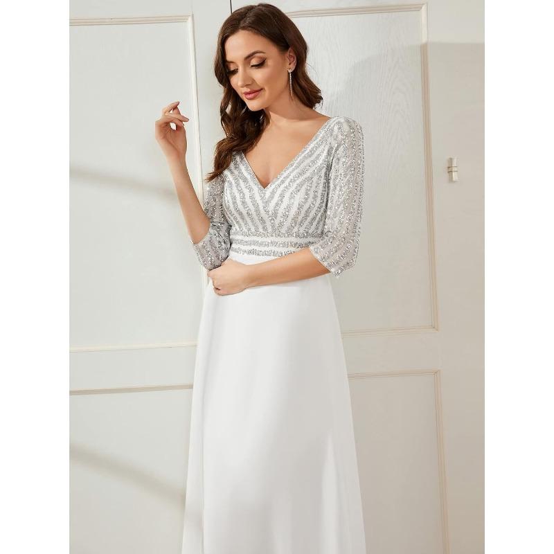 Abito da sera da donna in chiffon con scollo a V profondo, manica lunga, linea ad A, patchwork di paillettes