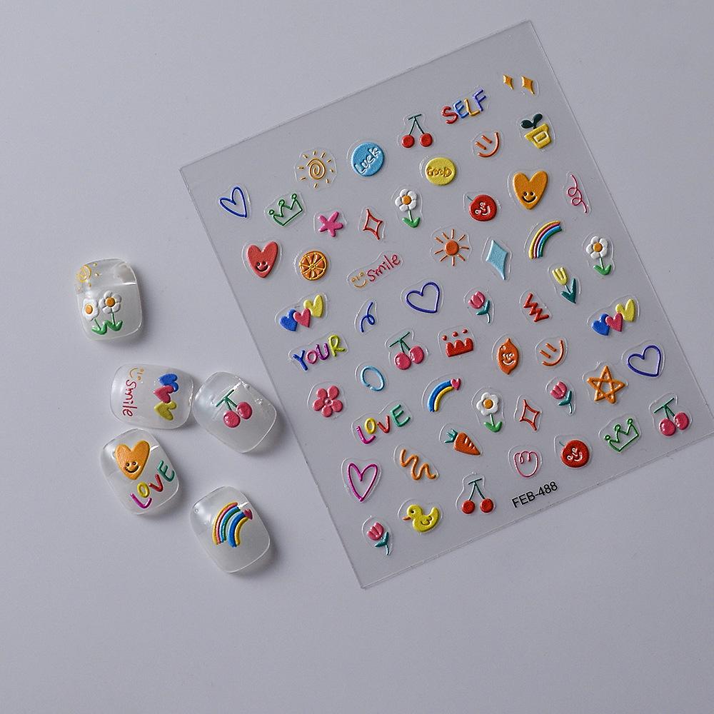 Vibrant Rainbow Flower 5D Nail Art Stickers - Cartoon Star & Small Patterns, Long-Lasting & Waterproof for Kids