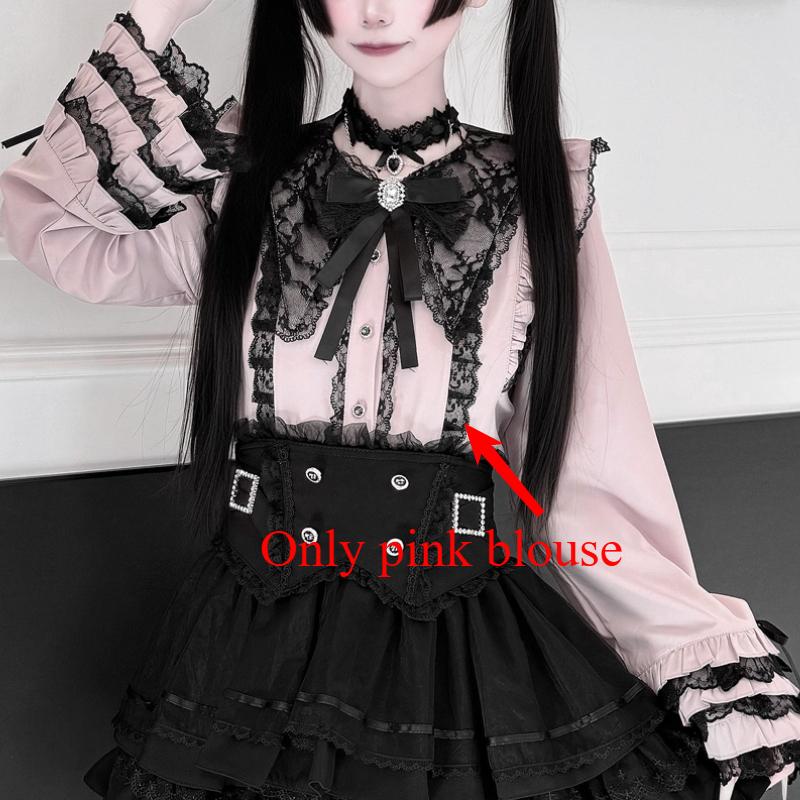 Cute Lace Bow Lolita Shirts Women Japanese Y2K Puff Long Sleeve Slim Fit Blouse Subcultural Matching Clothing