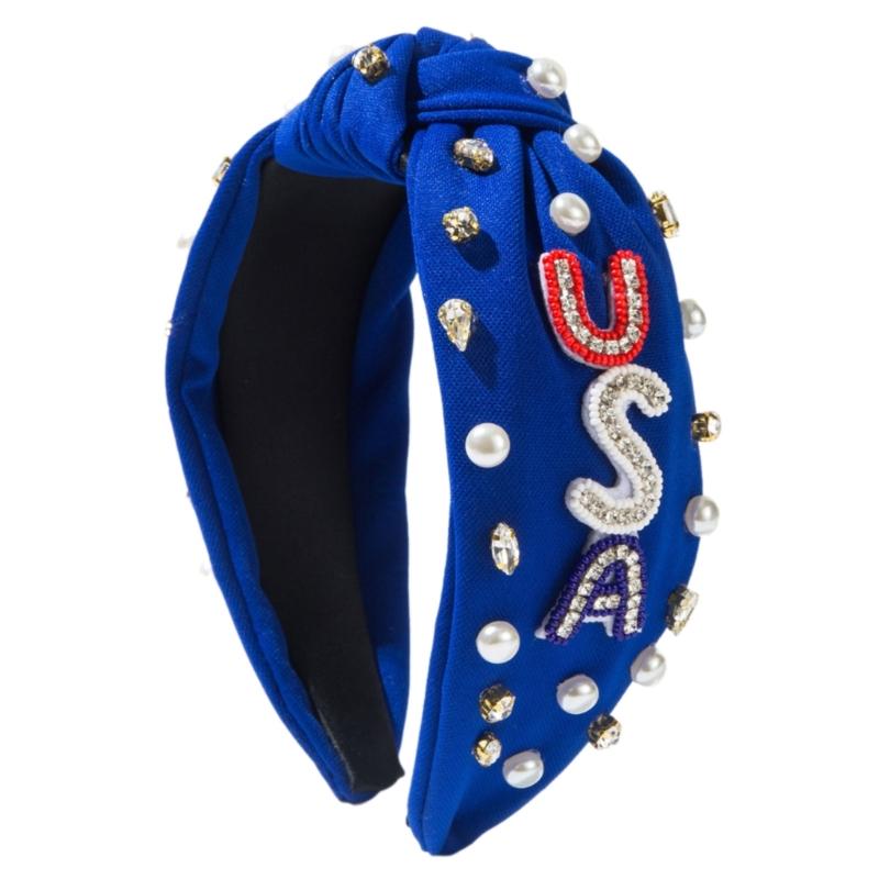 

Rhinestones Lettering Studded Hairband Comfortable Wide Knotted Hairhoop For Female Independence Day Celebration Wear синій
