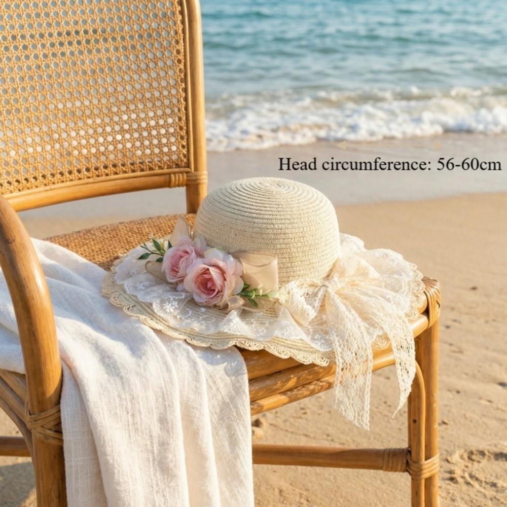 Fashion Lace Bow Sun Hat Adjustable Lace Ruffle Wide Brim Hat Breathable Straw Fisherman Cap Sun Protection