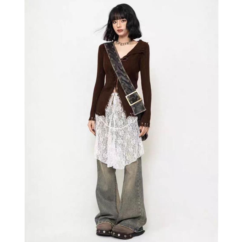 2025 Elegant Women Long Sleeve Pullover Sexy Sweater Korean Style Fashion Slim Fit Knitted Top Lace-up Autumn Solid Knitwear Clothiing