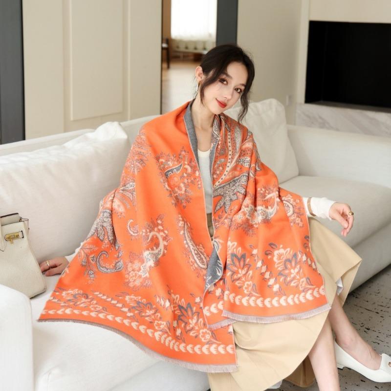Gradual change flower imitation cashmere scarf women's high sense double-sided jacquard shawl retro scarf