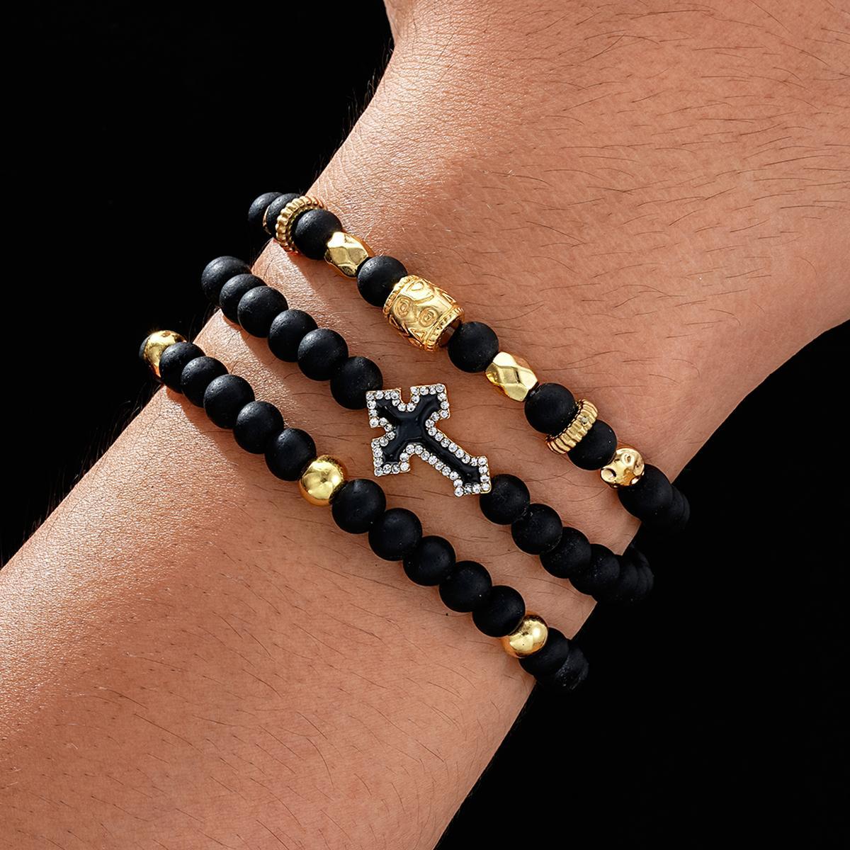 

New Black Matte Beads Bracelet Set For Men Crystal Cross Charm Elastic Chain Bangle Women Fashion Party Jewelry Gift чёрный