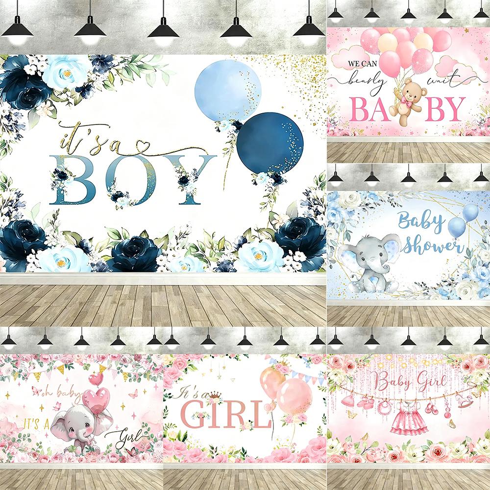 Oh Baby! Boy & Girl Baby Shower Backdrop – Blue Pink Elephant Bear Theme, Banner Decorations & Supplies Props-Tapestry