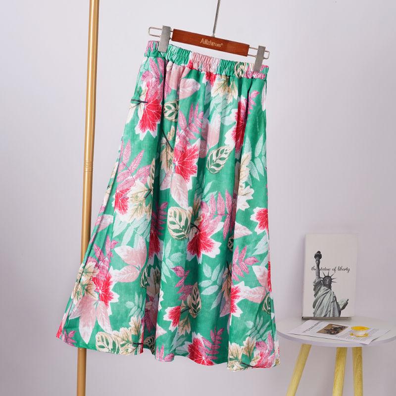 Floral Half Length Skirt for Women Spring/Summer Long Style High Waist Retro Elastic Long Length Skirt