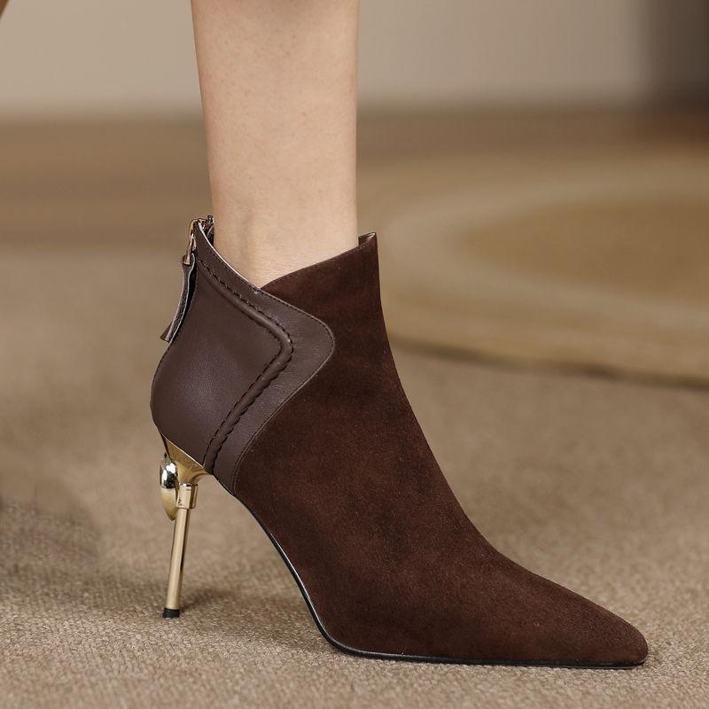 

Туфли на высоком каблуке женские весна-осень 2025 года, новая мода, острый каблук знаменитостей, мягкие кожаные туфли с глубоким вырезом, ботильоны 39 темно-коричневого