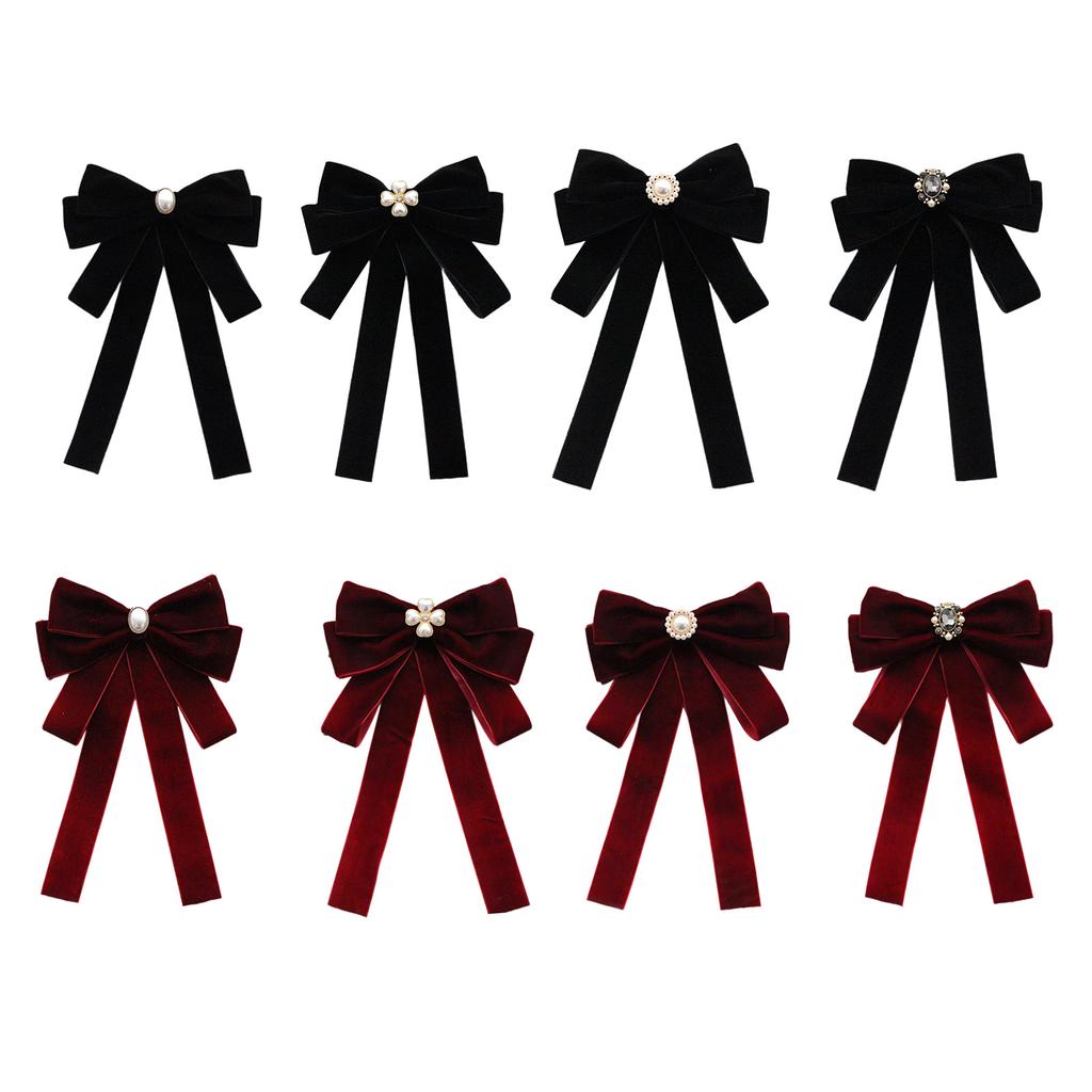 Elegant Women's Velvets Bows Tie Brooch Pin Pre Tied Bowknot Necktie with Rhinestones and Pearls Decors for Formal Event
