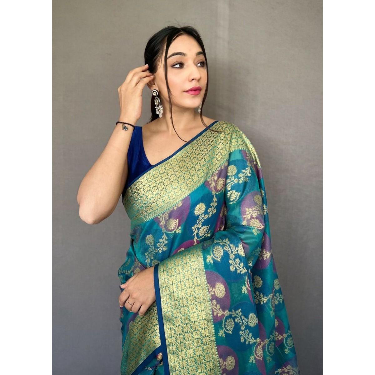 

Aashi Organza Multicolor Jaal Contrast Zari Woven Sarees