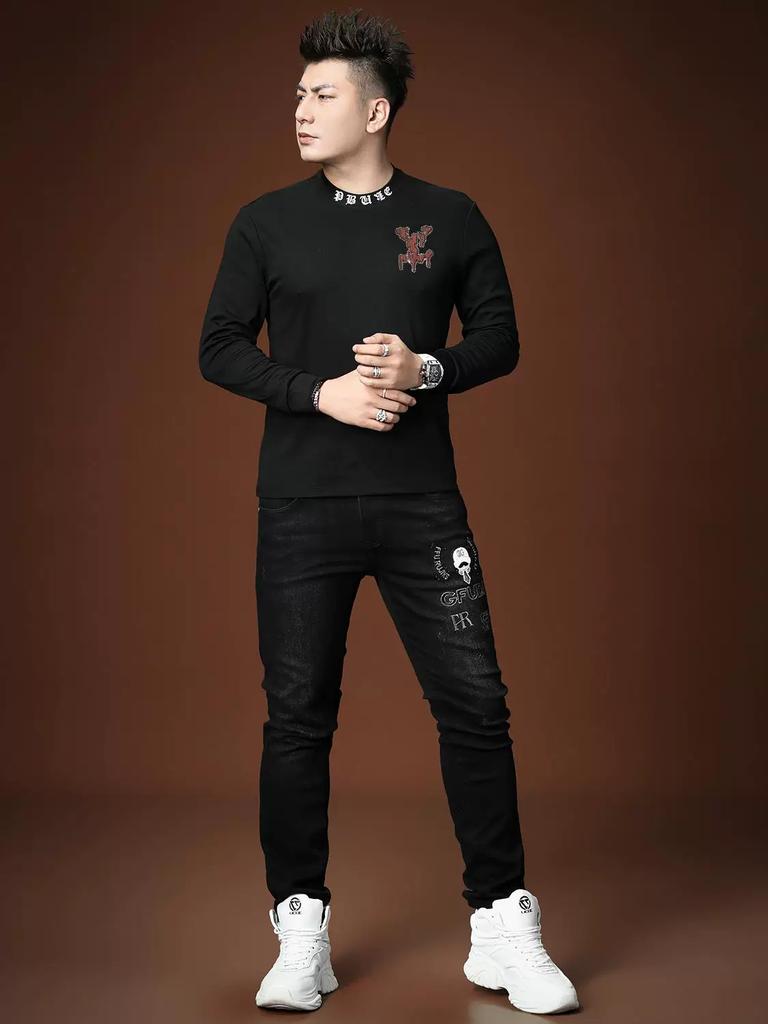 European Style 2025 Autumn New Half-Turtleneck Base Shirt Men's Long-Sleeve T-Shirt Trendy Brand Rhinestone Casual Top Men's Clothing