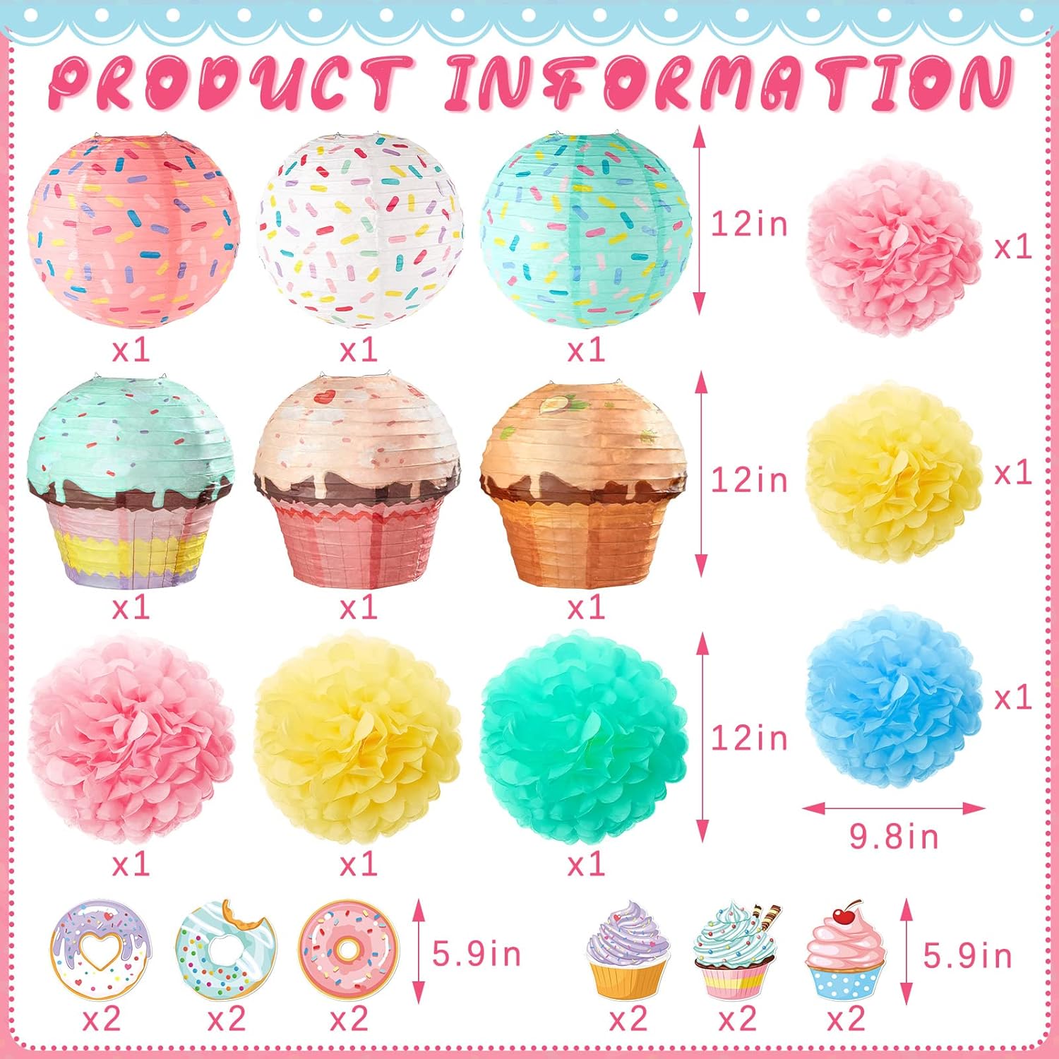 Hortsun 36 Pcs Halloween Donut Cupcake Party Hanging Paper Lanterns Two Sweet Birthday Supplies Hanging Swirls Paper Flowers Pom Poms Party Decor for