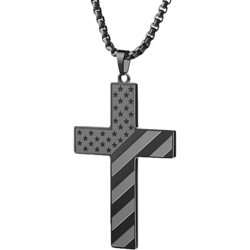 American Flag Stars & Stripes Men's Stainless Steel Cross Necklace Pendant